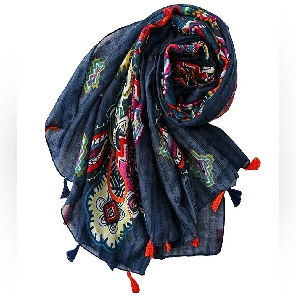 Paisley Print Scarf Aztec Accents Fringe Navy Multicolored Long 36” x 70” New!